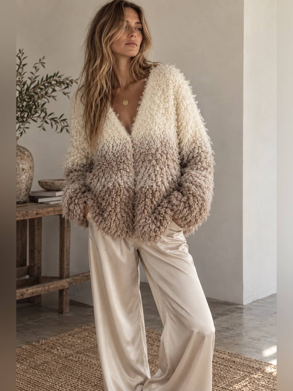 Melody Ombré Zip Up Teddy Curly Textured Korean Sweater
